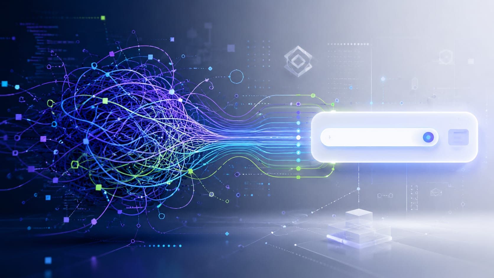 Muhyo Tech — Abstract illustration showing tangled lines of code simplifying into clean, flowing pathways, symbolizing React 19 Actions untangling form complexity.