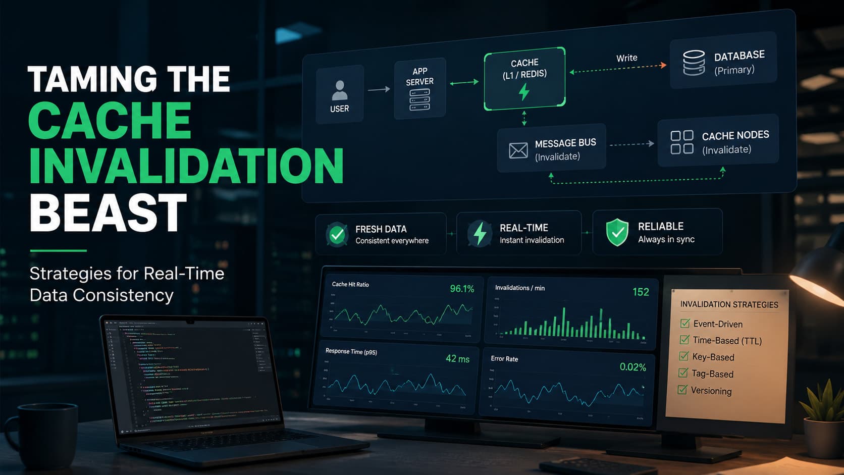Muhyo Tech — editorial blog cover illustrating Taming the Cache Invalidation Beast: Strategies for Real-Time Data Consistency