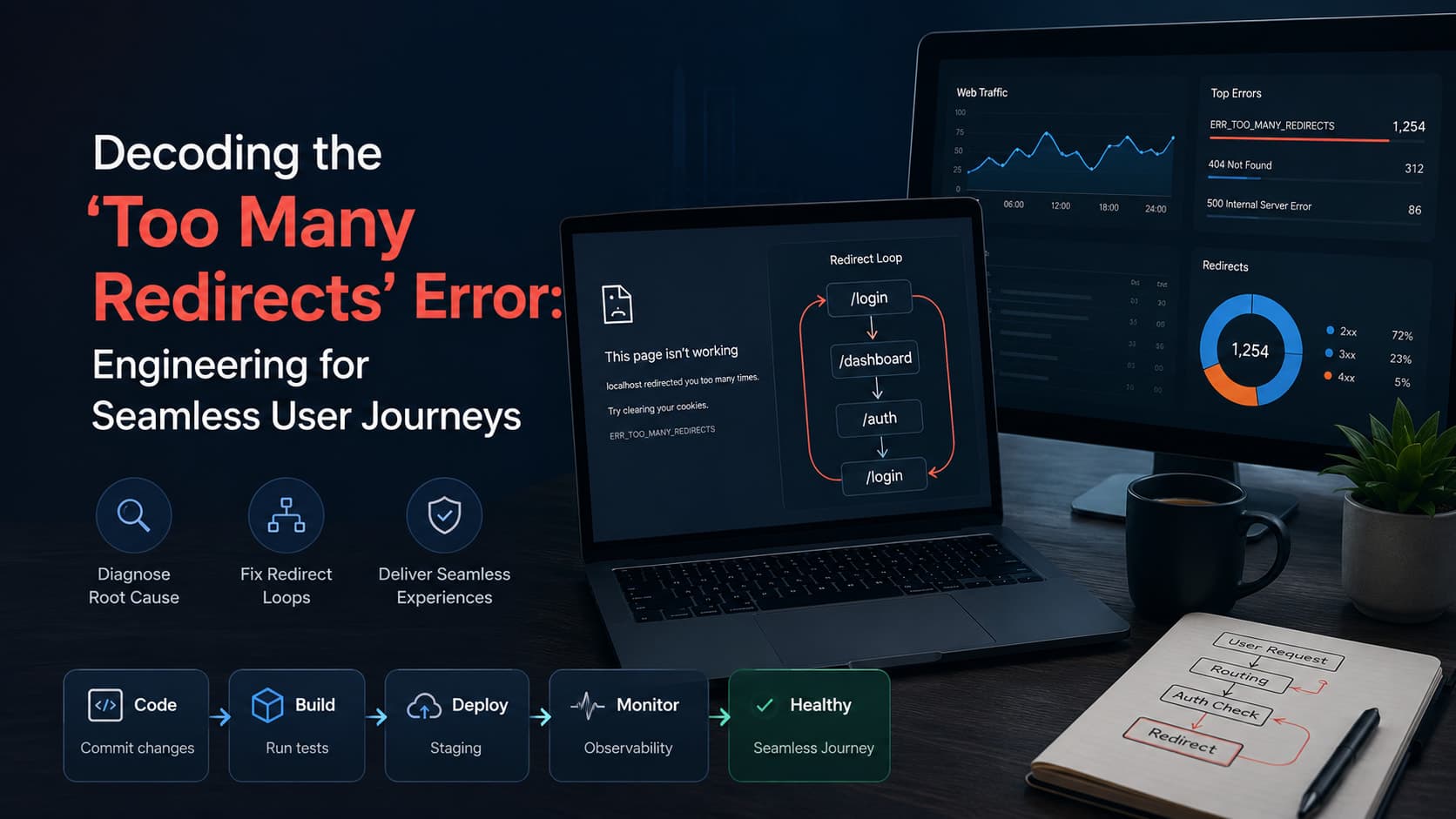 Muhyo Tech — editorial blog cover illustrating Decoding the 'Too Many Redirects' Error: Engineering for Seamless User Journeys