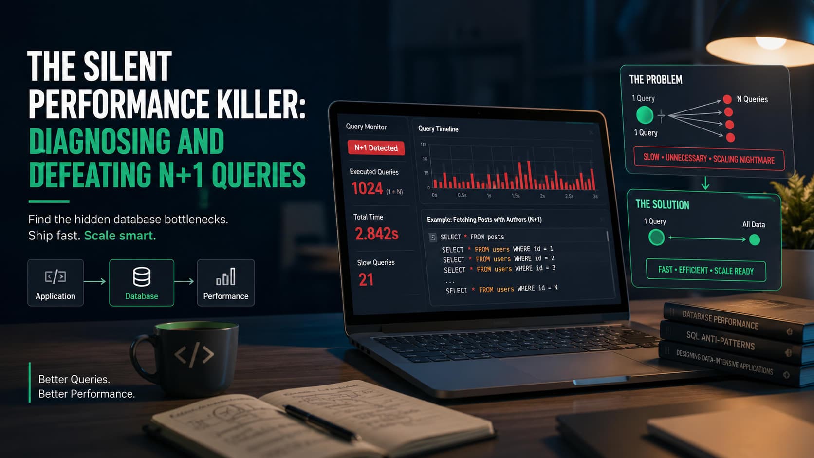 Muhyo Tech — editorial blog cover illustrating The Silent Performance Killer: Diagnosing and Defeating N+1 Queries