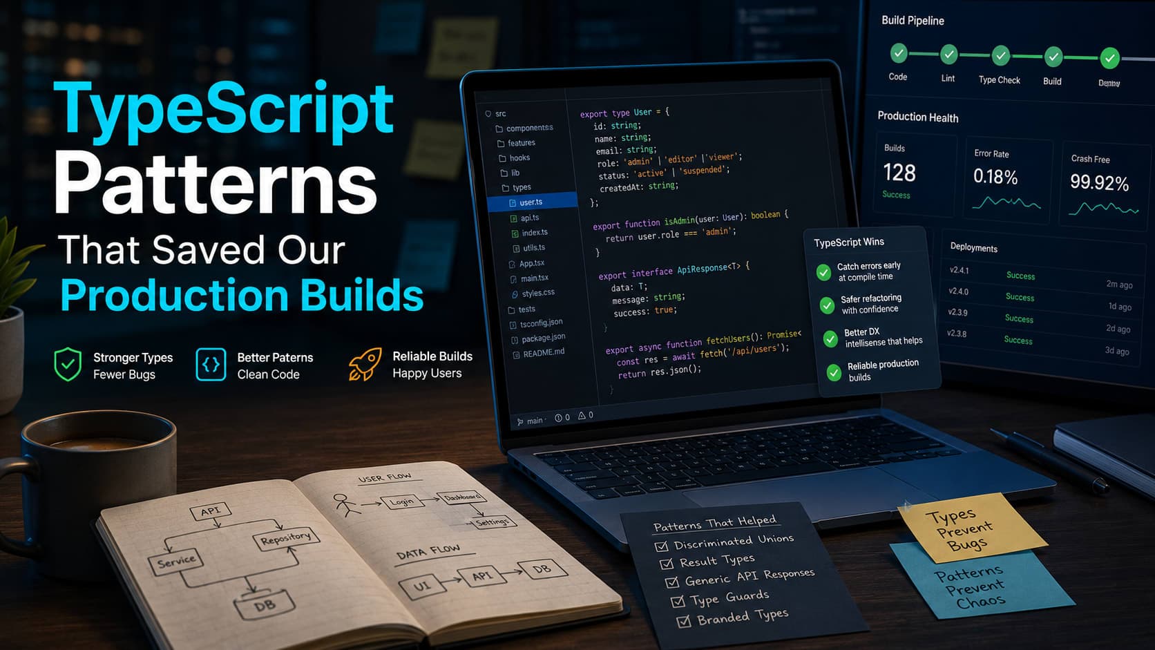 Muhyo Tech — editorial blog cover illustrating TypeScript Patterns That Saved Our Production Builds