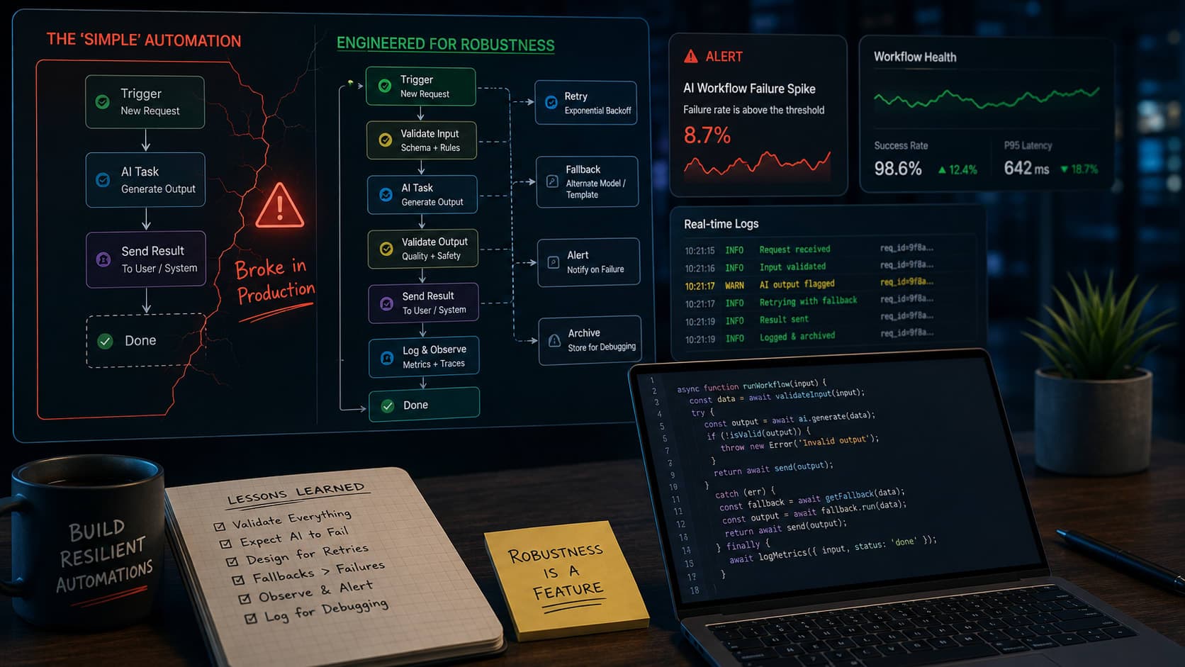 Muhyo Tech — editorial blog cover illustrating When Your 'Simple' AI Automation Breaks: Engineering Robustness for Production Workflows