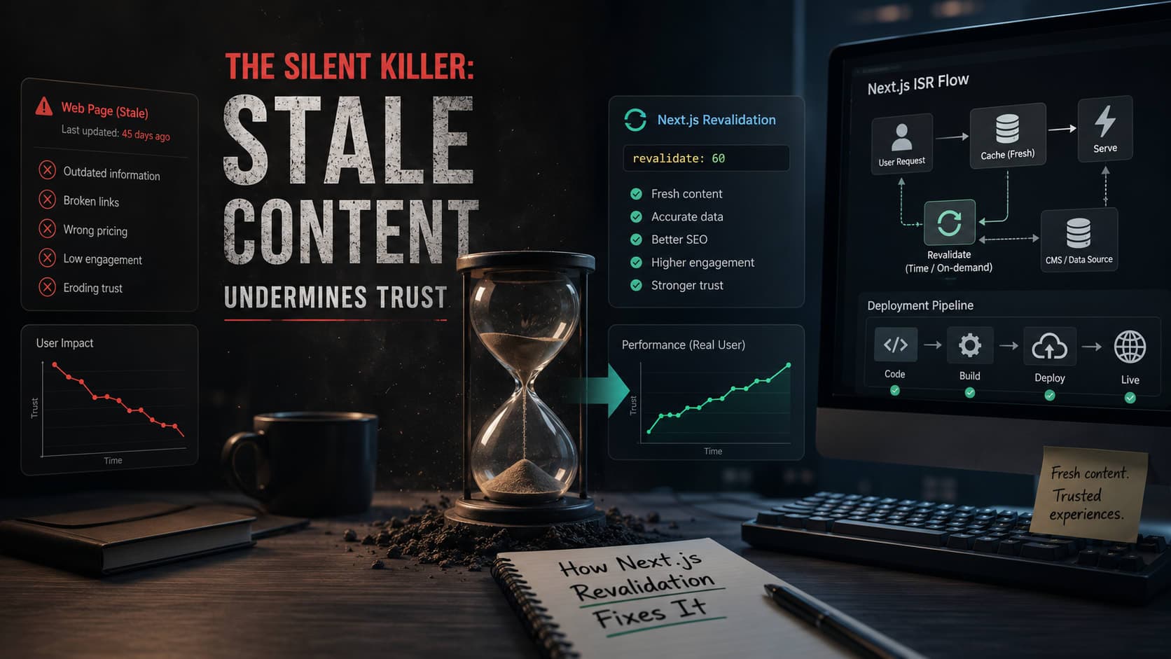 Muhyo Tech — editorial blog cover illustrating The Silent Killer: How Stale Content Undermines Trust (And How Next.js Revalidation Fixes It)