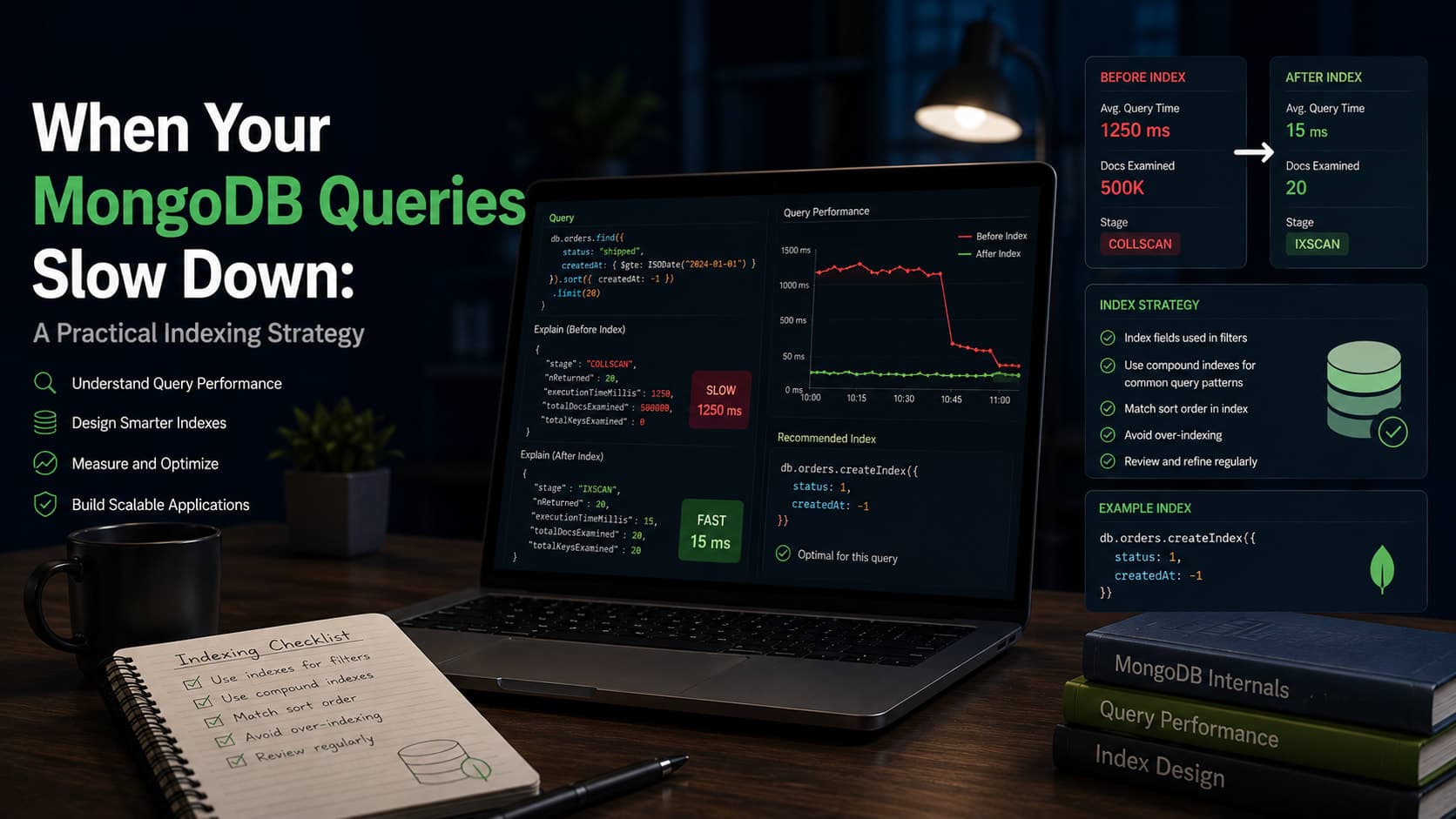 Muhyo Tech — editorial blog cover illustrating When Your MongoDB Queries Slow Down: A Practical Indexing Strategy