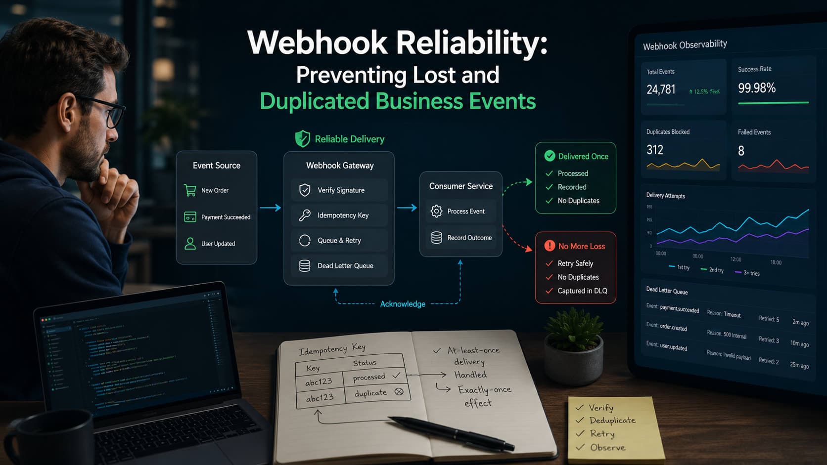 Muhyo Tech — editorial blog cover illustrating Webhook Reliability: Preventing Lost and Duplicated Business Events