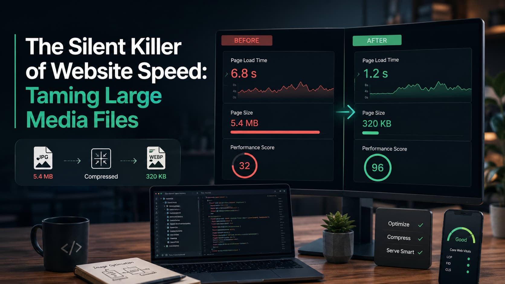 Muhyo Tech — editorial blog cover illustrating The Silent Killer of Website Speed: Taming Large Media Files