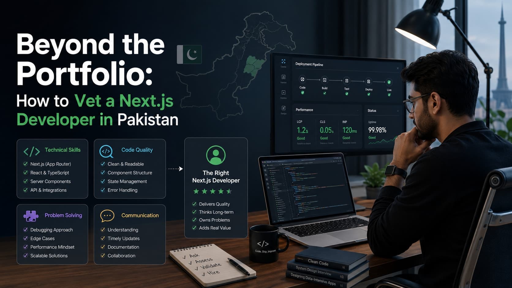 Muhyo Tech — editorial blog cover illustrating Beyond the Portfolio: How to Vet a Next.js Developer in Pakistan