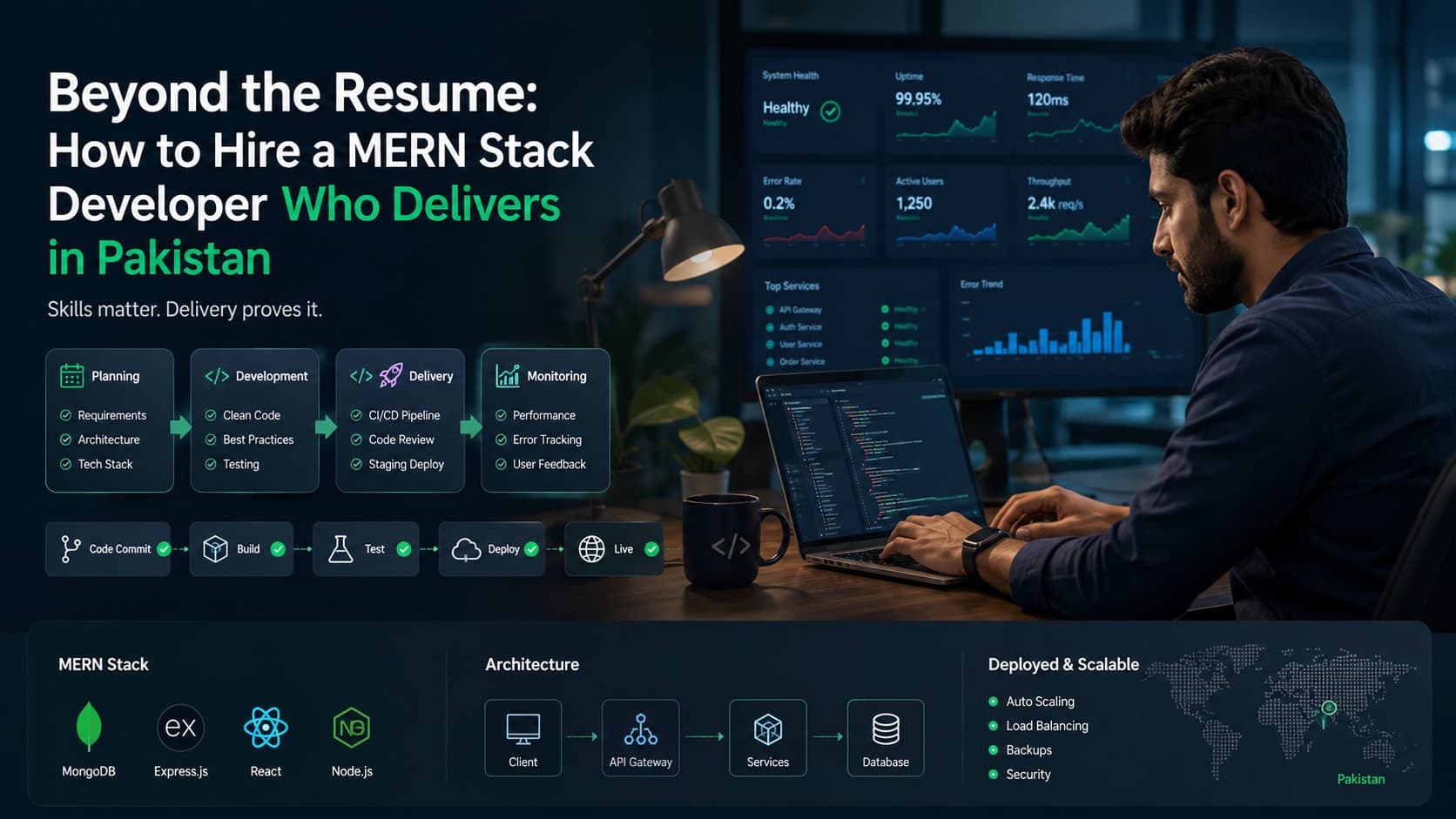 Muhyo Tech — editorial blog cover illustrating Beyond the Resume: How to Hire a MERN Stack Developer Who Delivers in Pakistan