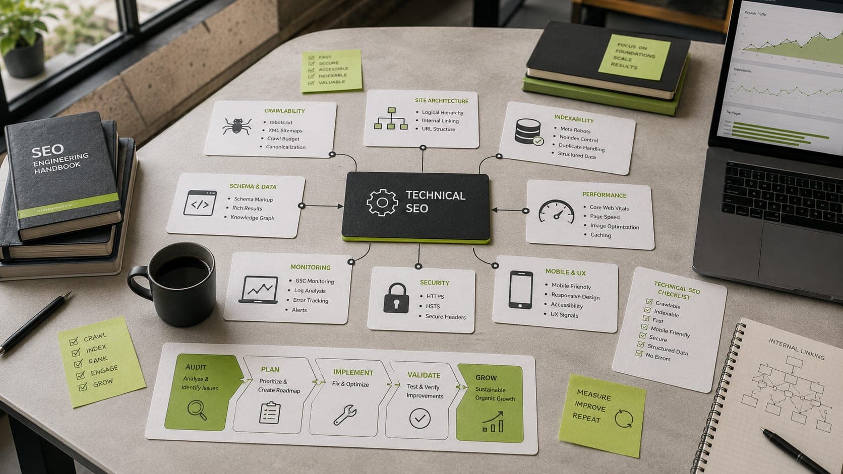 Muhyo Tech — editorial blog cover illustrating The Technical SEO Playbook: Engineering for Organic Growth