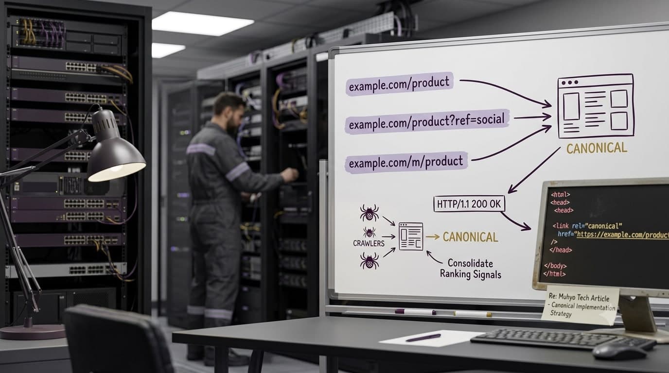 Muhyo Tech — editorial blog cover illustrating Canonical URLs: Engineering One Identity for Every Page
