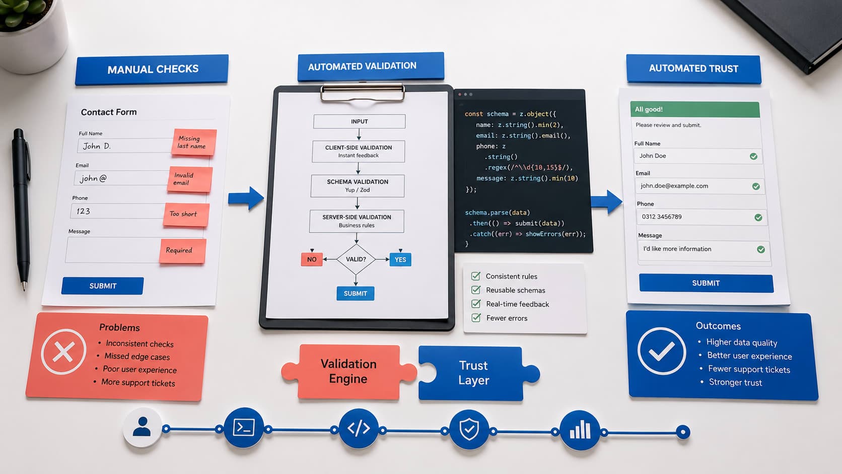 Muhyo Tech — editorial blog cover illustrating From Manual Checks to Automated Trust: Engineering Robust Form Validations
