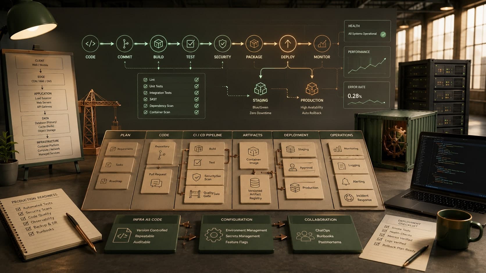 Muhyo Tech — editorial blog cover illustrating The Production Playbook: A Complete Guide to DevOps & Deployment for Web Systems