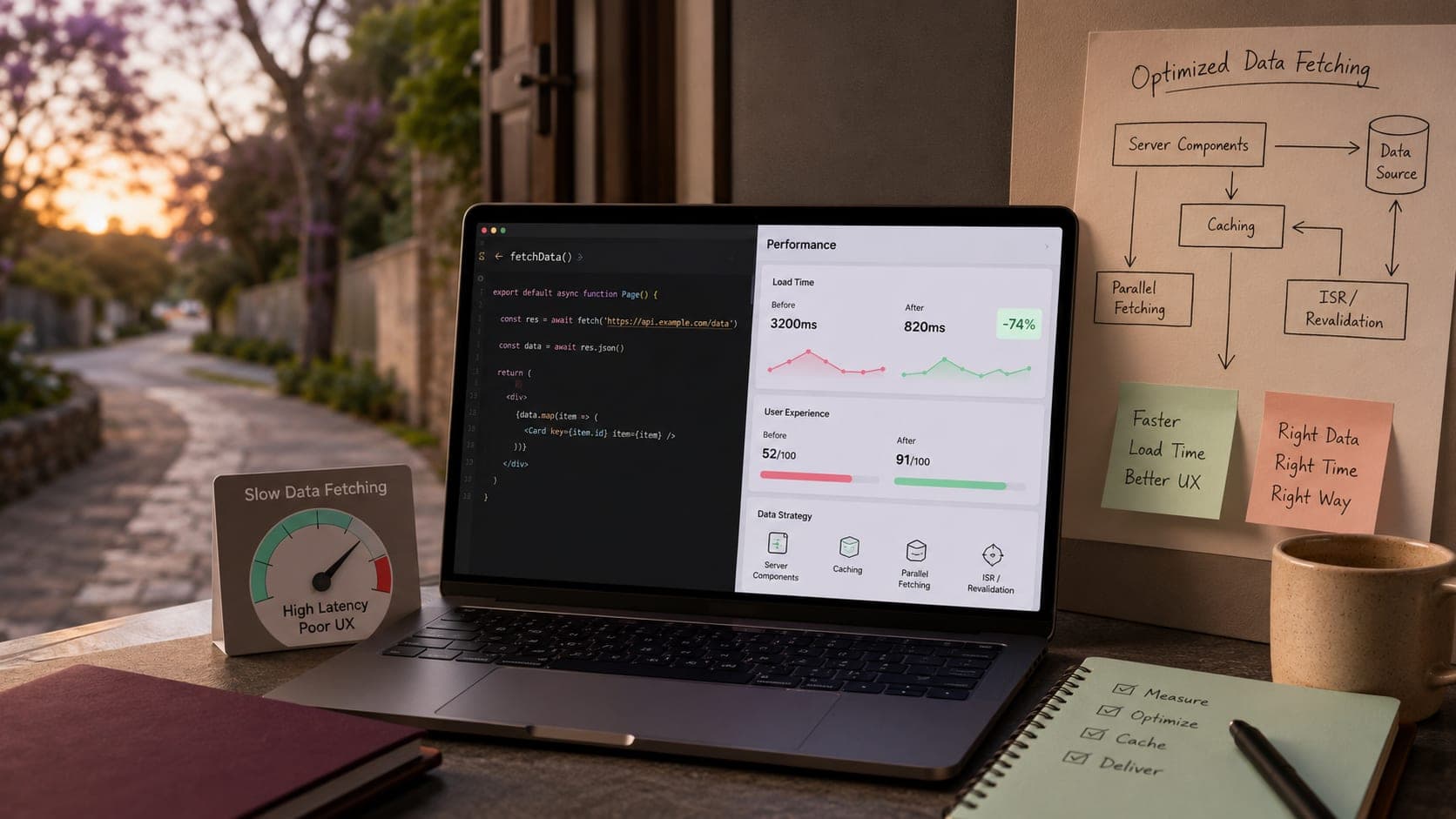 Muhyo Tech — editorial blog cover illustrating Optimizing Next.js Data Fetching: Speed, Efficiency, and User Experience