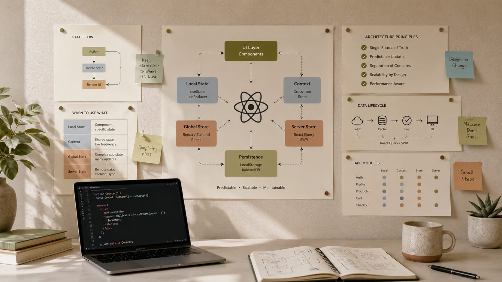Muhyo Tech — editorial blog cover illustrating Mastering React State Management: A Guide to Scalable Architectures