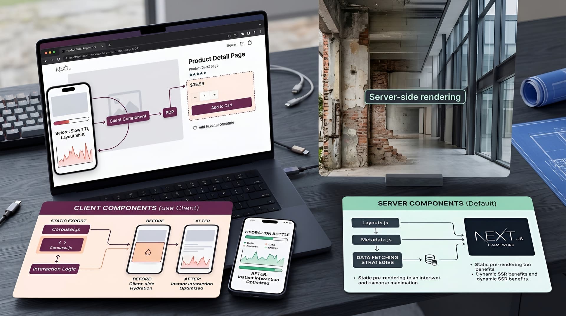 Muhyo Tech — editorial blog cover illustrating Client vs. Server Components: When and How to Choose in Next.js