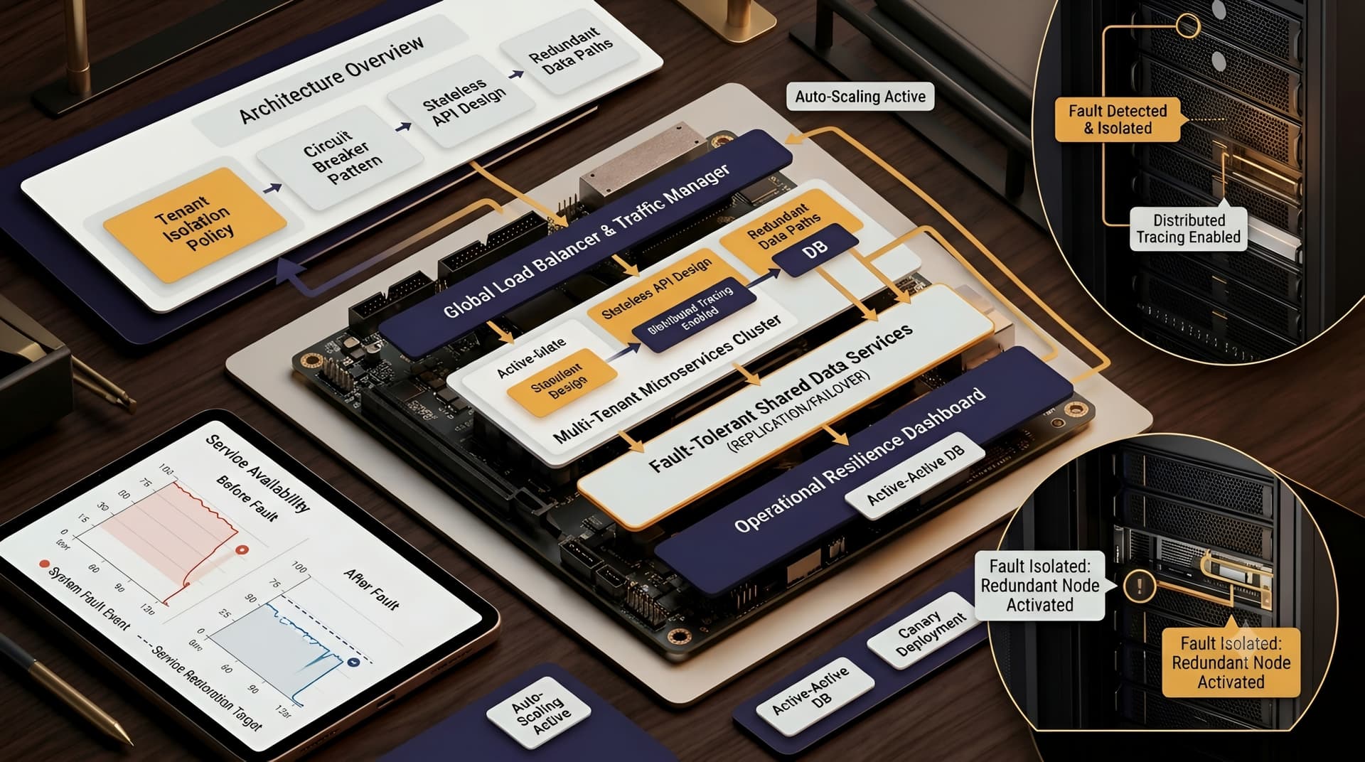 Muhyo Tech — editorial blog cover illustrating Building for Resilience: Engineering Multi-Tenant SaaS with Fault Tolerance