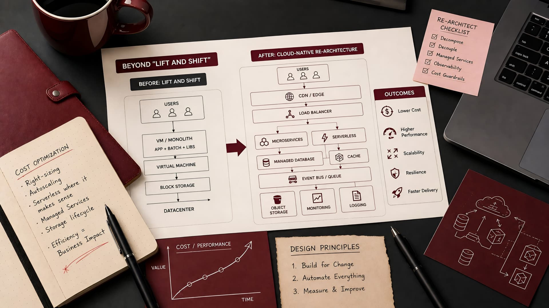 Muhyo Tech — editorial blog cover illustrating Beyond 'Lift and Shift': Re-architecting for Cloud-Native Cost Efficiency and Performance