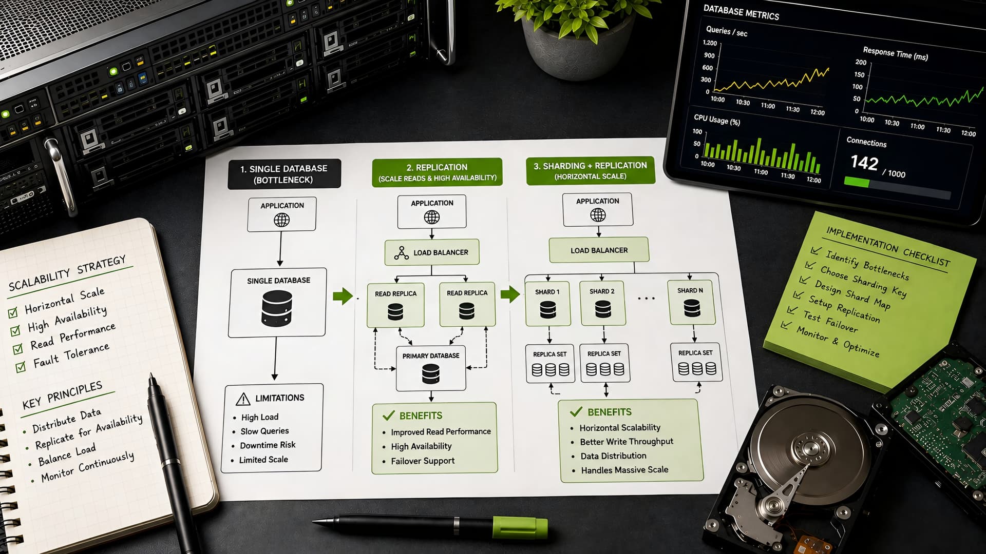 Muhyo Tech — editorial blog cover illustrating When Your Database Becomes a Bottleneck: Engineering for Scalability with Sharding and Replication