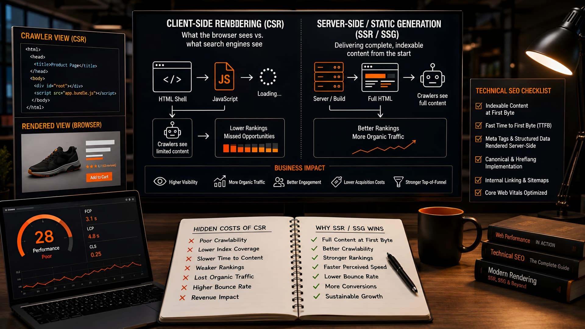 Muhyo Tech — editorial blog cover illustrating The Hidden Costs of Client-Side Rendering: When SSR/SSG Becomes a Technical SEO Imperative