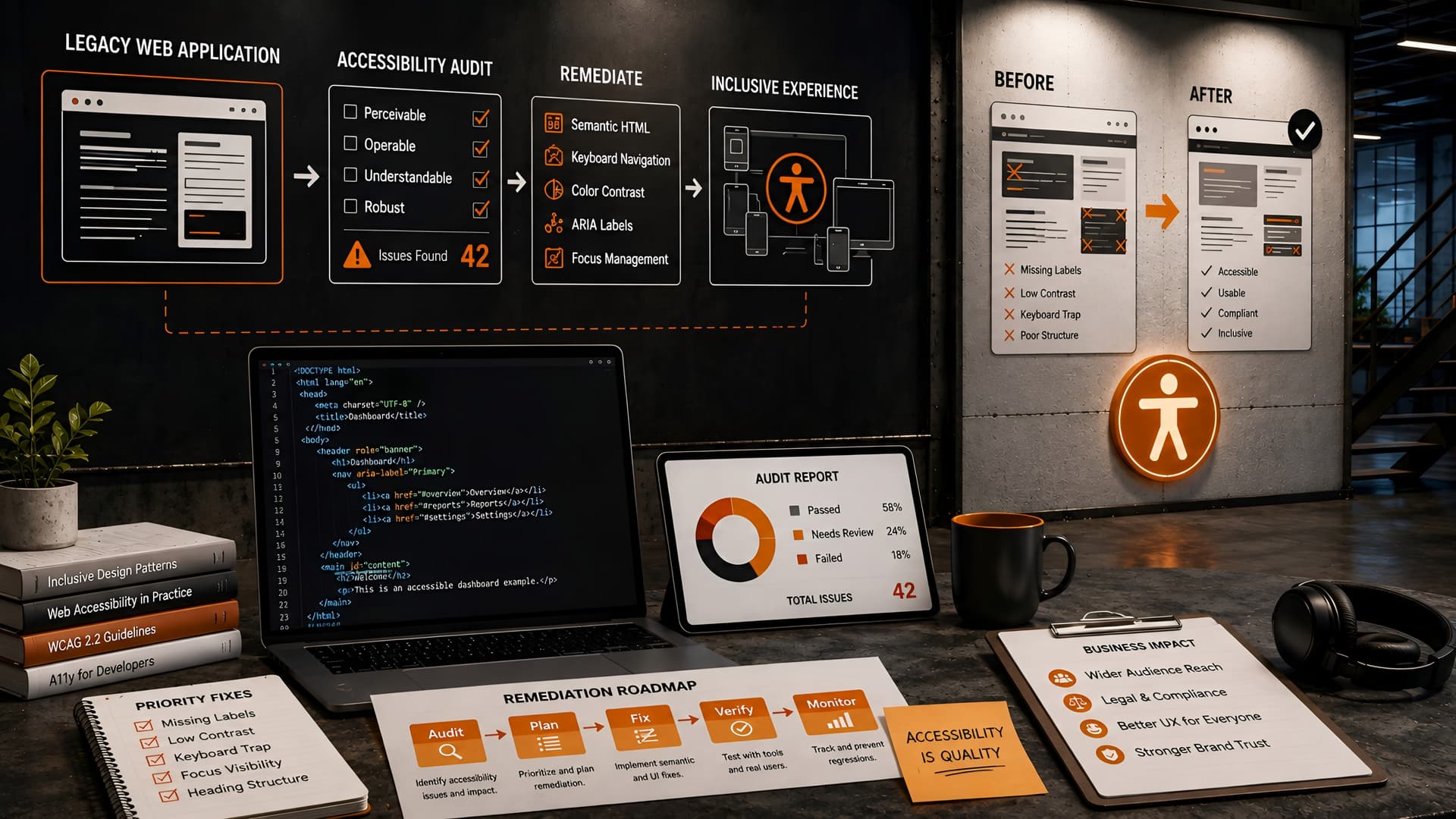 Muhyo Tech — editorial blog cover illustrating The Hidden Accessibility Debt: Auditing and Remediating Legacy Web Applications
