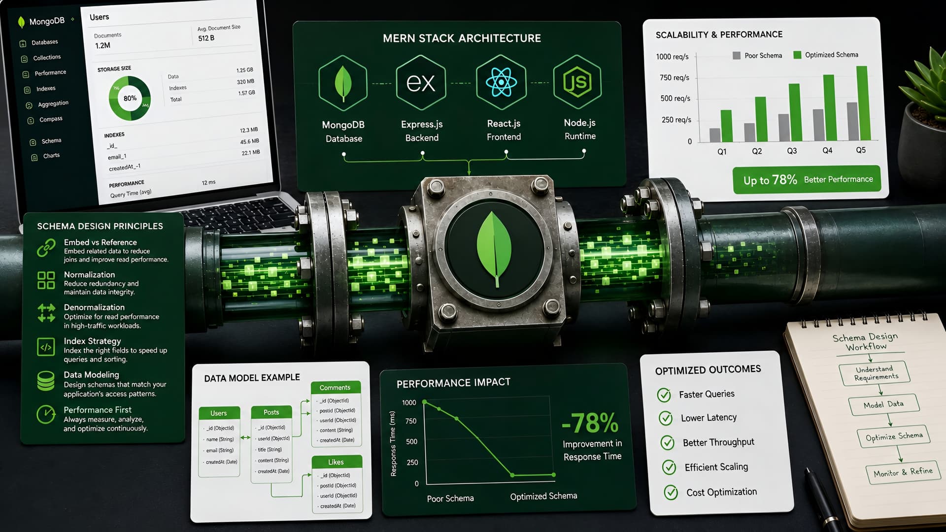 Muhyo Tech — editorial blog cover illustrating MongoDB Schema Design: Engineering for Scalability and Performance in MERN Stacks