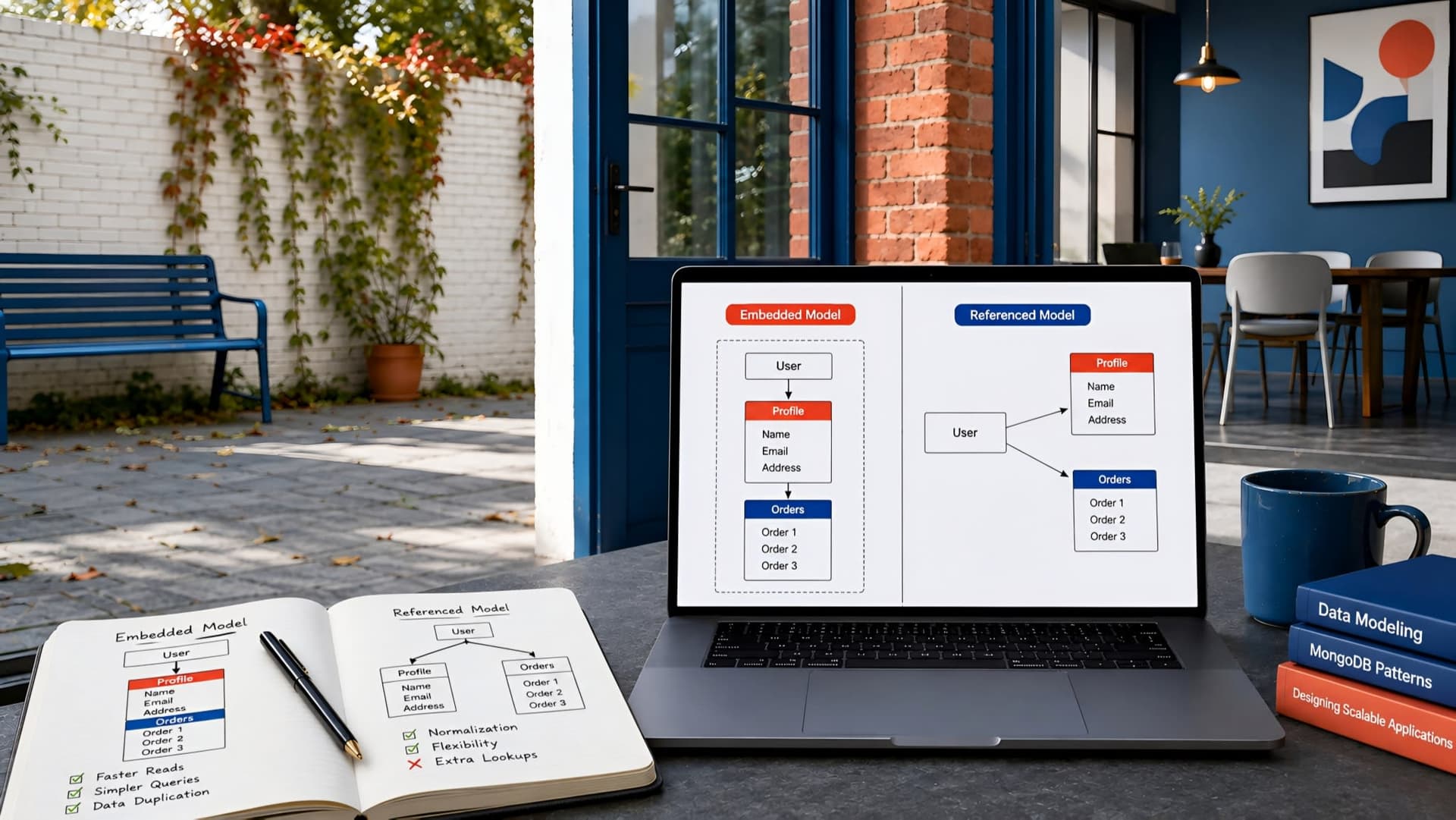 Muhyo Tech — editorial blog cover illustrating Embedded vs. Referenced Data Models in MongoDB: A Practical Guide