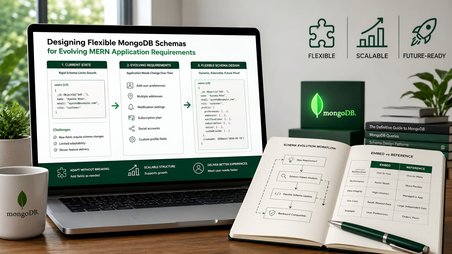 Muhyo Tech — editorial blog cover illustrating Designing Flexible MongoDB Schemas for Evolving MERN Application Requirements