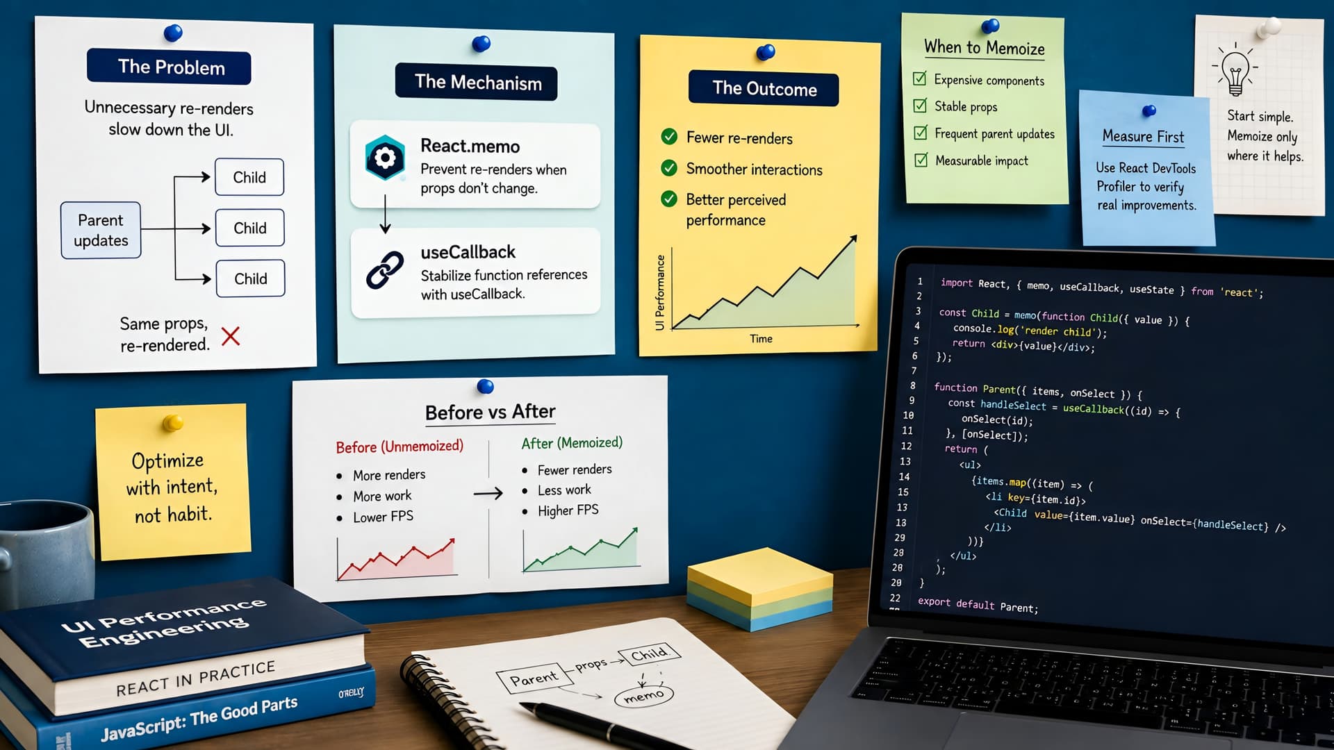 Muhyo Tech — editorial blog cover illustrating When to Memoize: Practical React.memo and useCallback for UI Performance