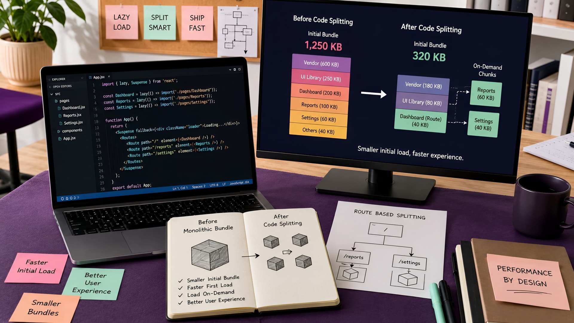 Muhyo Tech — editorial blog cover illustrating Code Splitting in React: Reducing Bundle Size for Faster Initial Loads