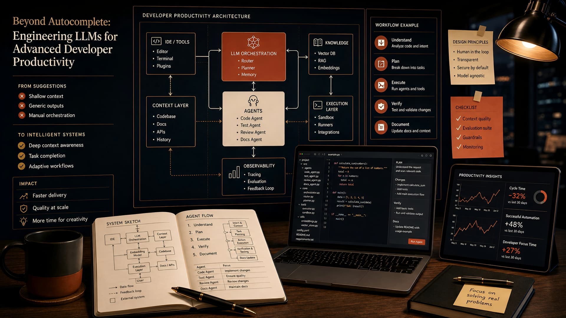Muhyo Tech — editorial blog cover illustrating Beyond Autocomplete: Engineering LLMs for Advanced Developer Productivity