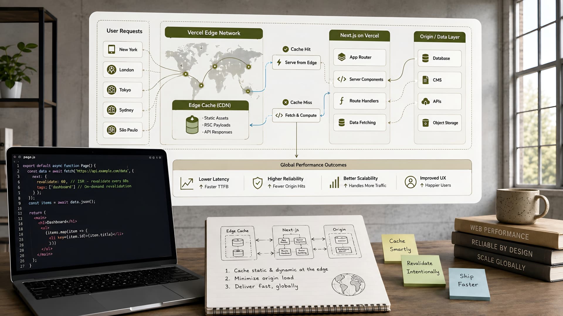 Muhyo Tech — editorial blog cover illustrating Leveraging Vercel Cache for Next.js: Engineering for Global Performance and Reliability