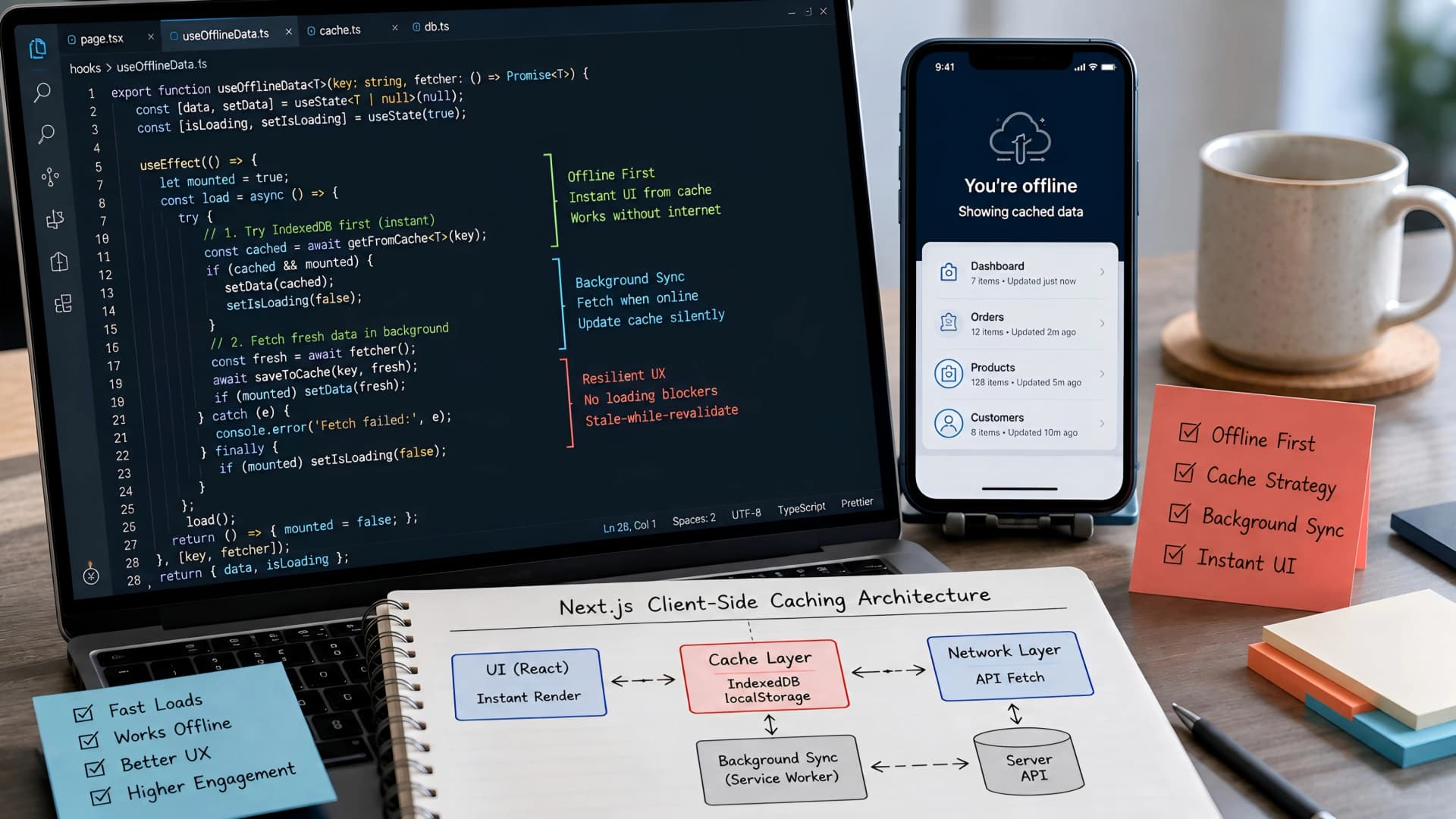 Muhyo Tech — editorial blog cover illustrating Next.js Client-Side Caching: Building Robust Offline Experiences and Instant UIs