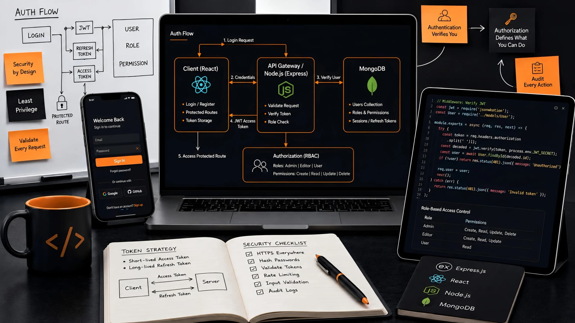 Muhyo Tech — editorial blog cover illustrating MERN Stack Authentication & Authorization: An Engineering Deep Dive