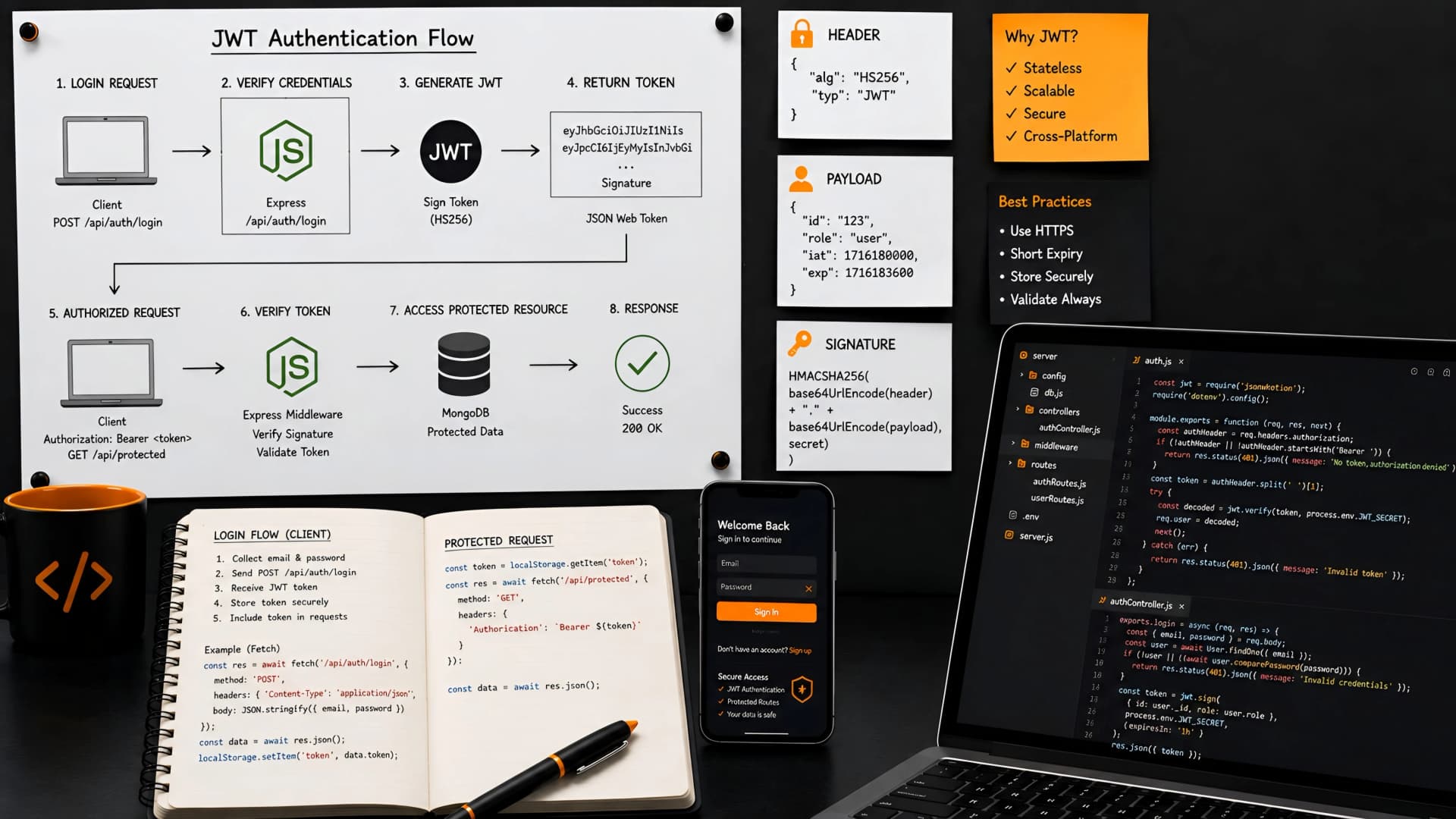 Muhyo Tech — editorial blog cover illustrating Implementing JWT-Based Authentication in MERN: An Engineering Guide