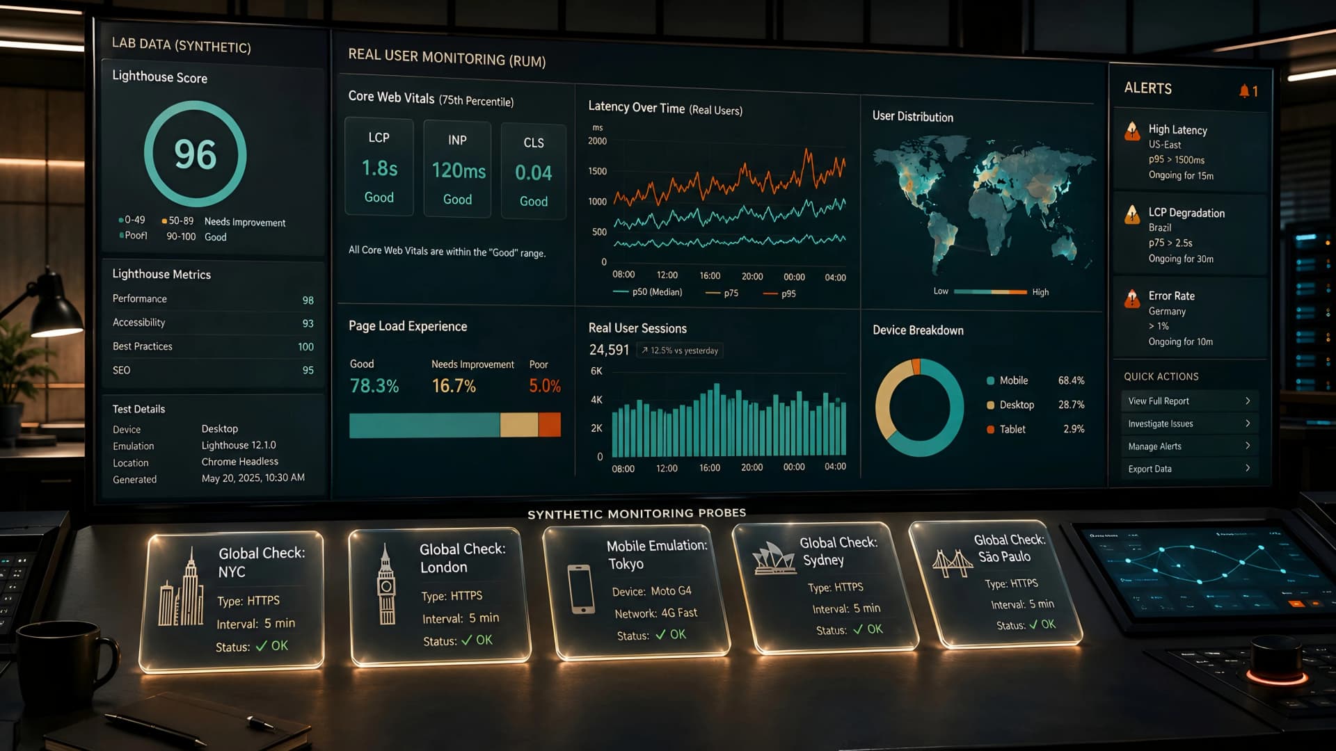 Muhyo Tech — editorial blog cover illustrating Beyond Lighthouse: Engineering for Real User Performance with RUM and Synthetic Monitoring