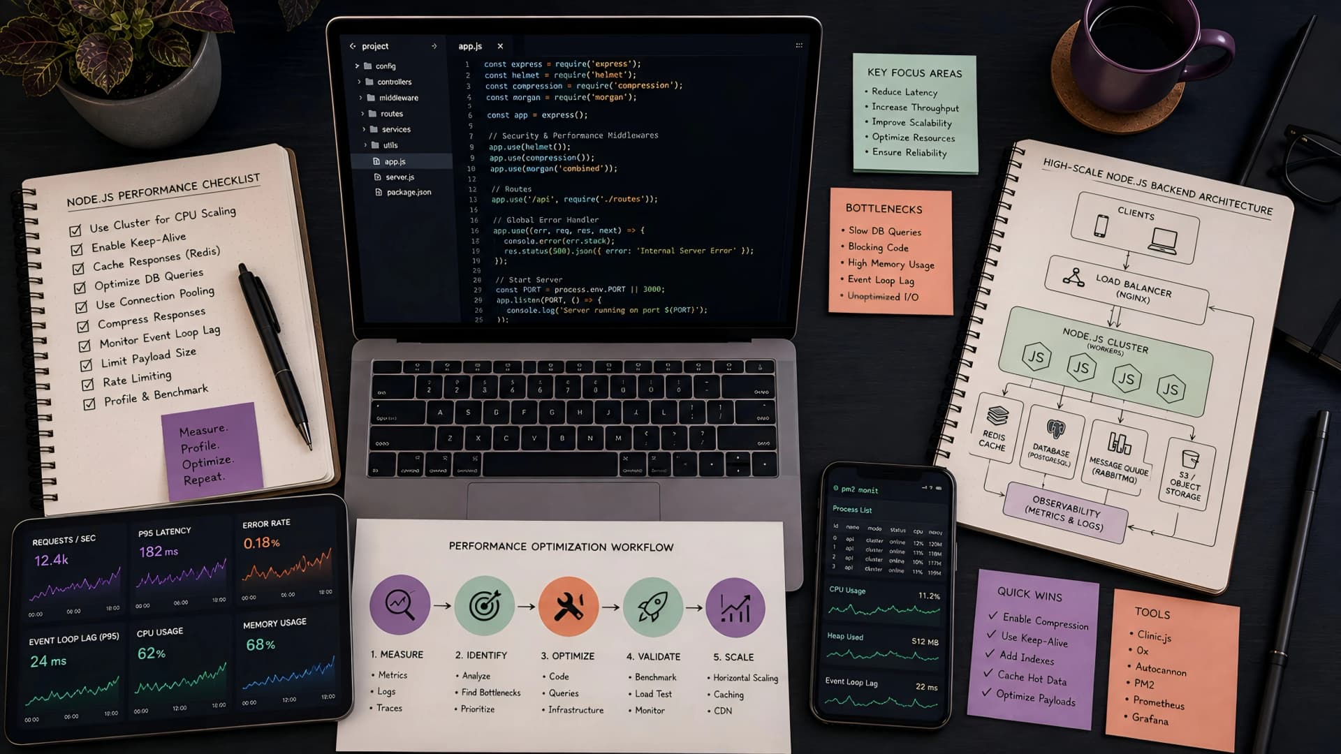 Muhyo Tech — editorial blog cover illustrating Optimizing Node.js Performance: An Engineering Guide to High-Scale Backends