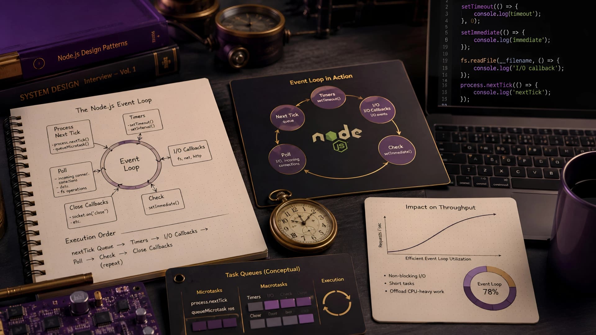 Muhyo Tech — editorial blog cover illustrating Unpacking the Node.js Event Loop: A Deep Dive for High-Throughput Applications