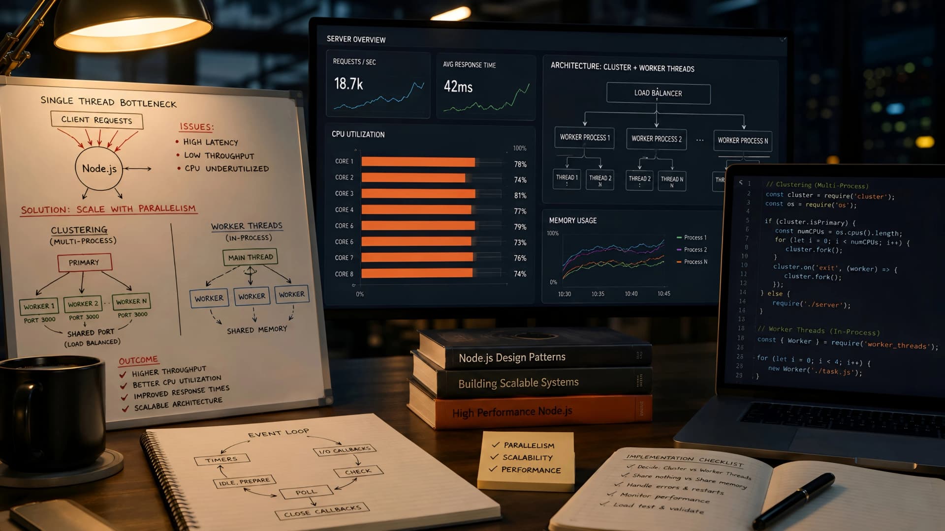 Muhyo Tech — editorial blog cover illustrating Scaling Node.js: Unlocking Multi-Core Power with Clustering and Worker Threads