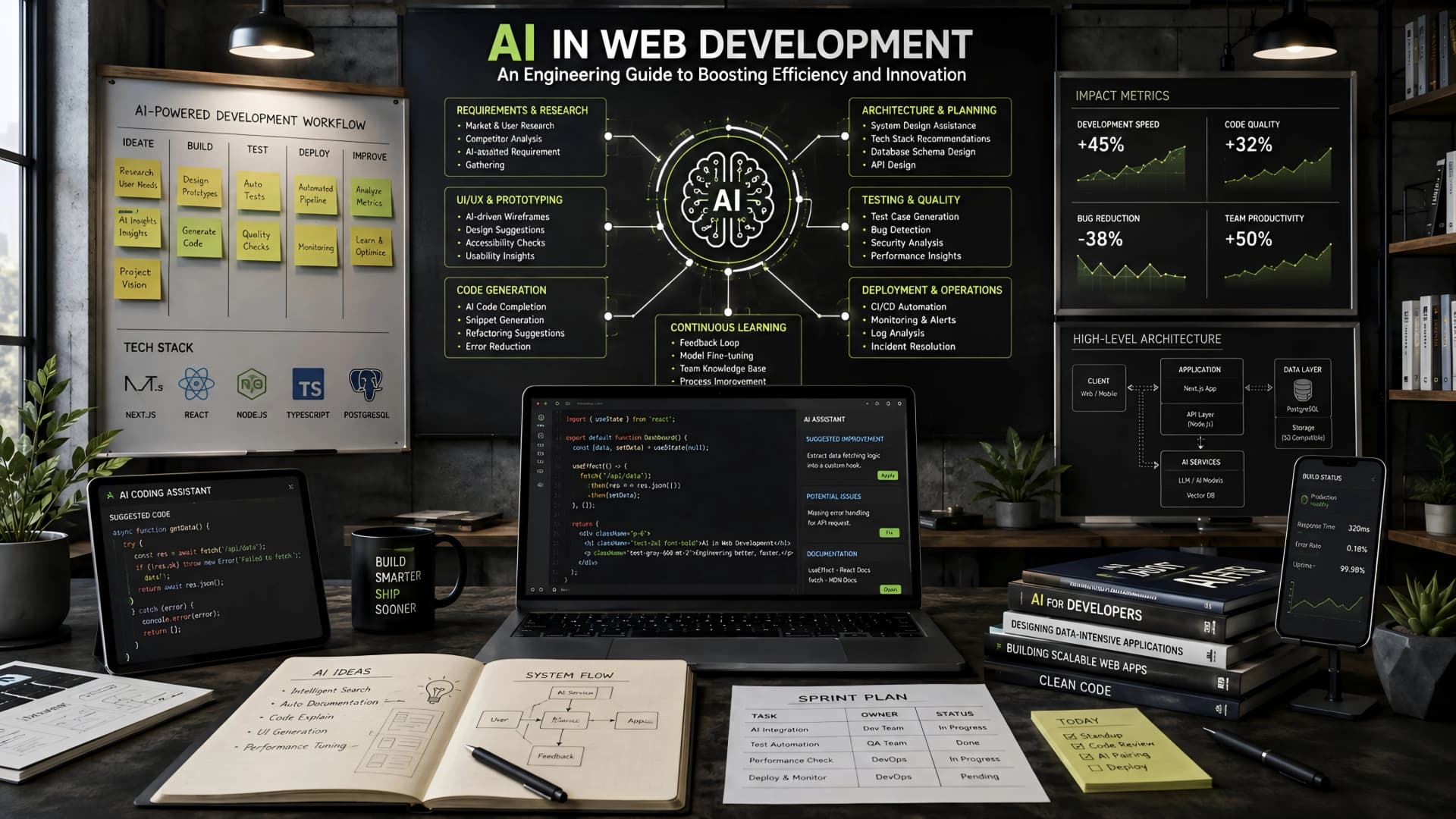 Muhyo Tech — editorial blog cover illustrating Web Development with AI: Boost Efficiency & Drive Innovation