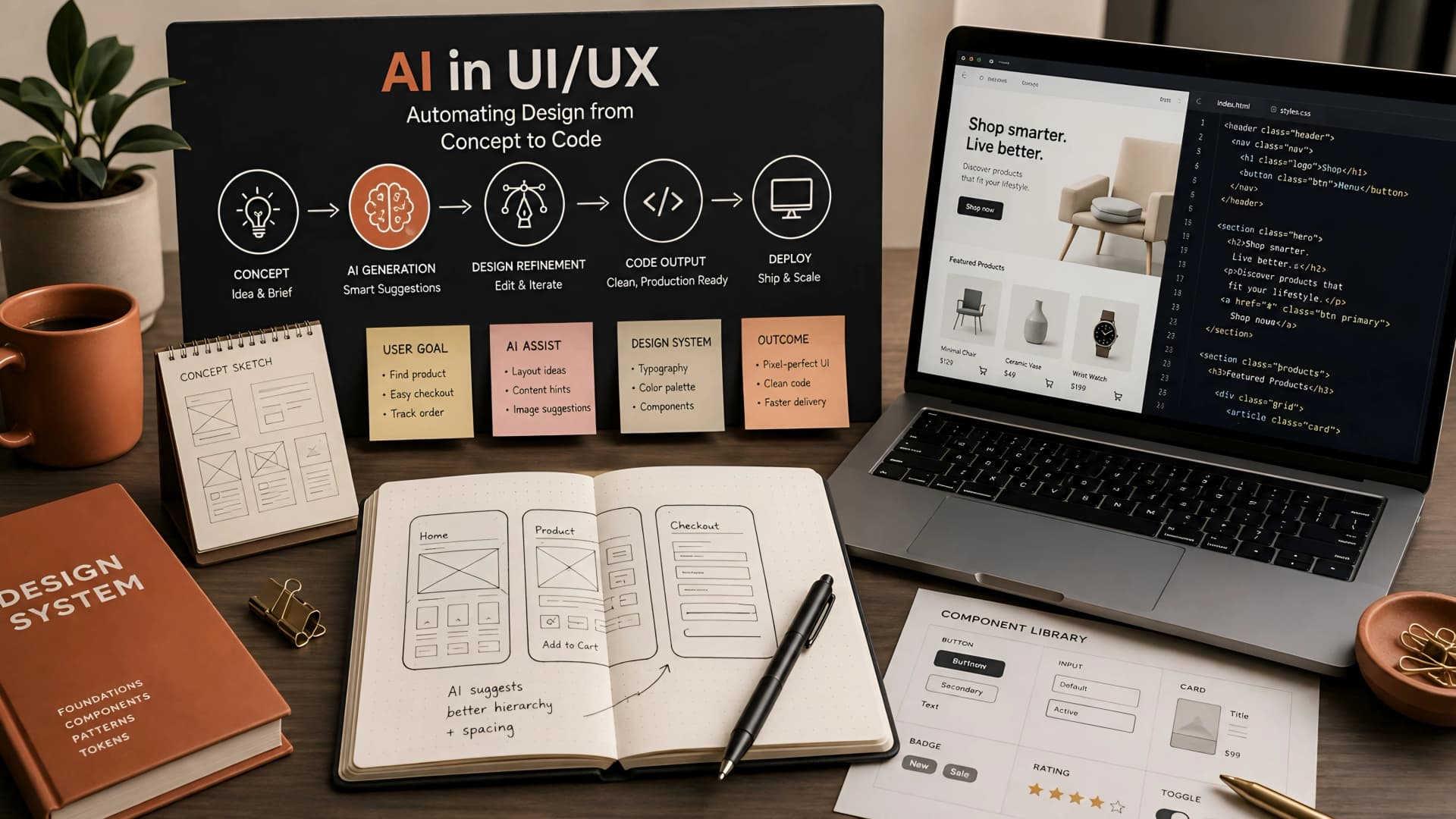 Muhyo Tech — editorial blog cover illustrating Automating UI/UX Design: AI from Concept to Code