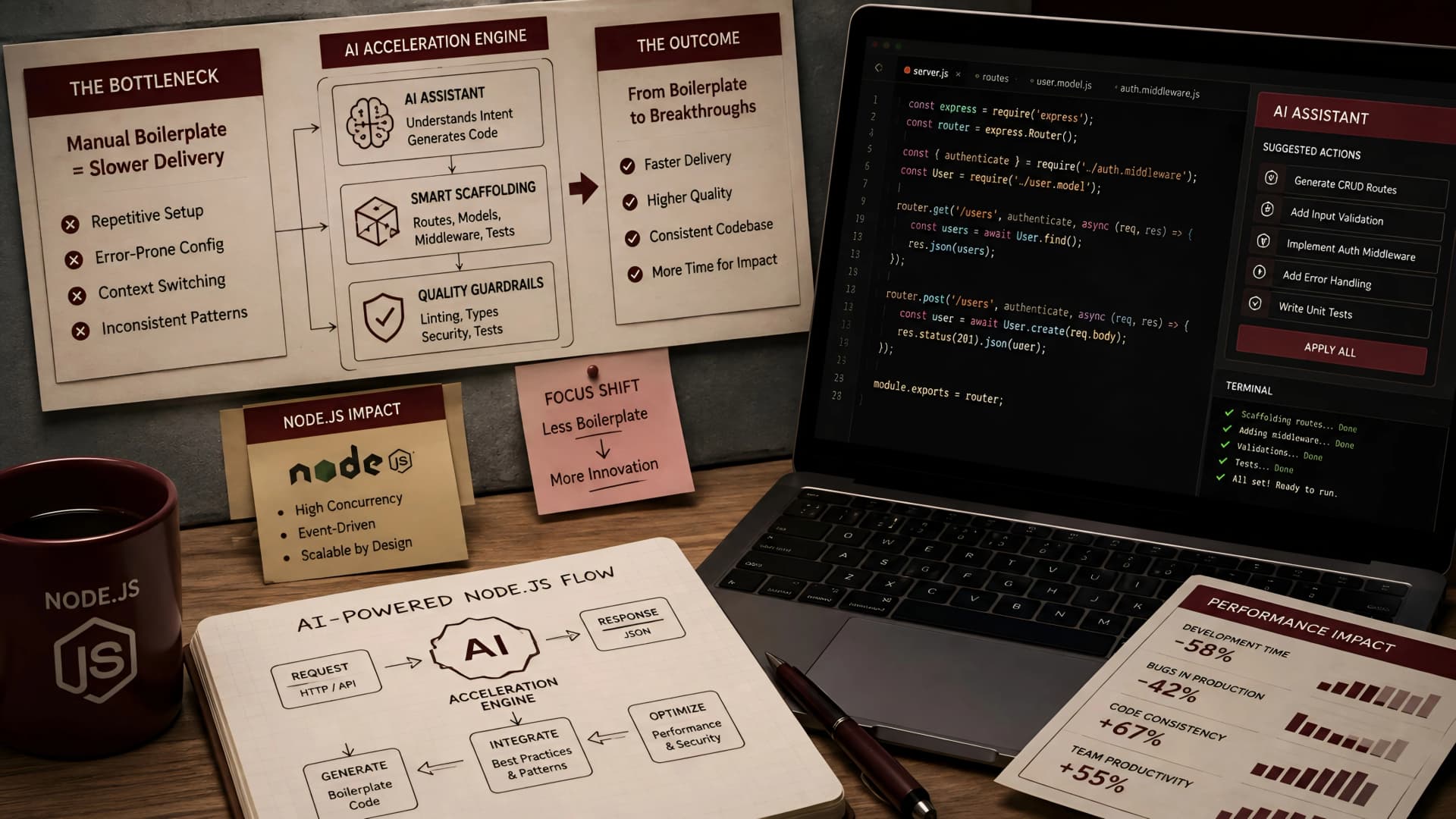 Muhyo Tech — editorial blog cover illustrating Accelerating Node.js with AI: From Boilerplate to Breakthroughs