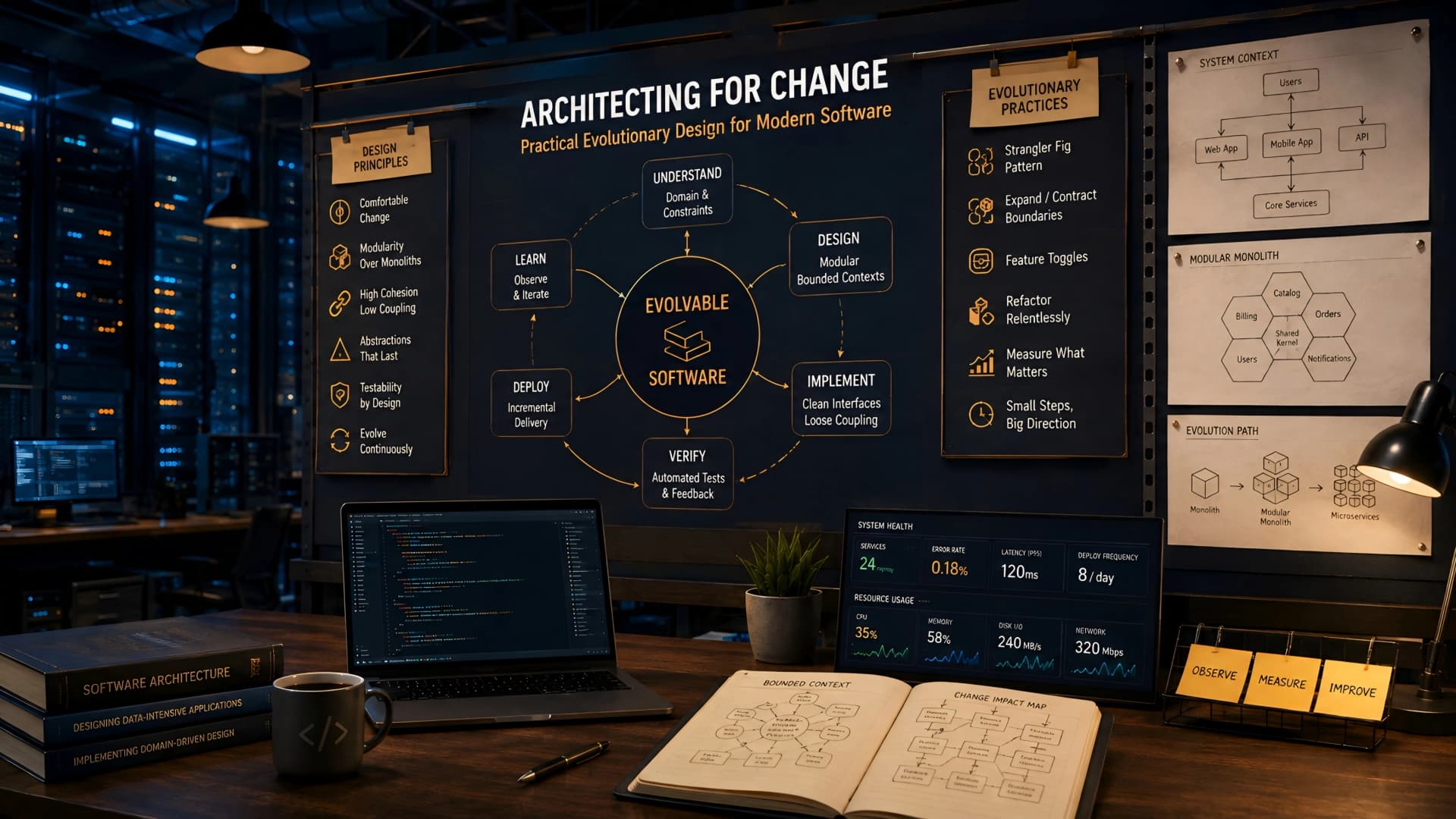 Muhyo Tech — editorial blog cover illustrating Evolutionary Design: Adaptable Software for Modern Architectures