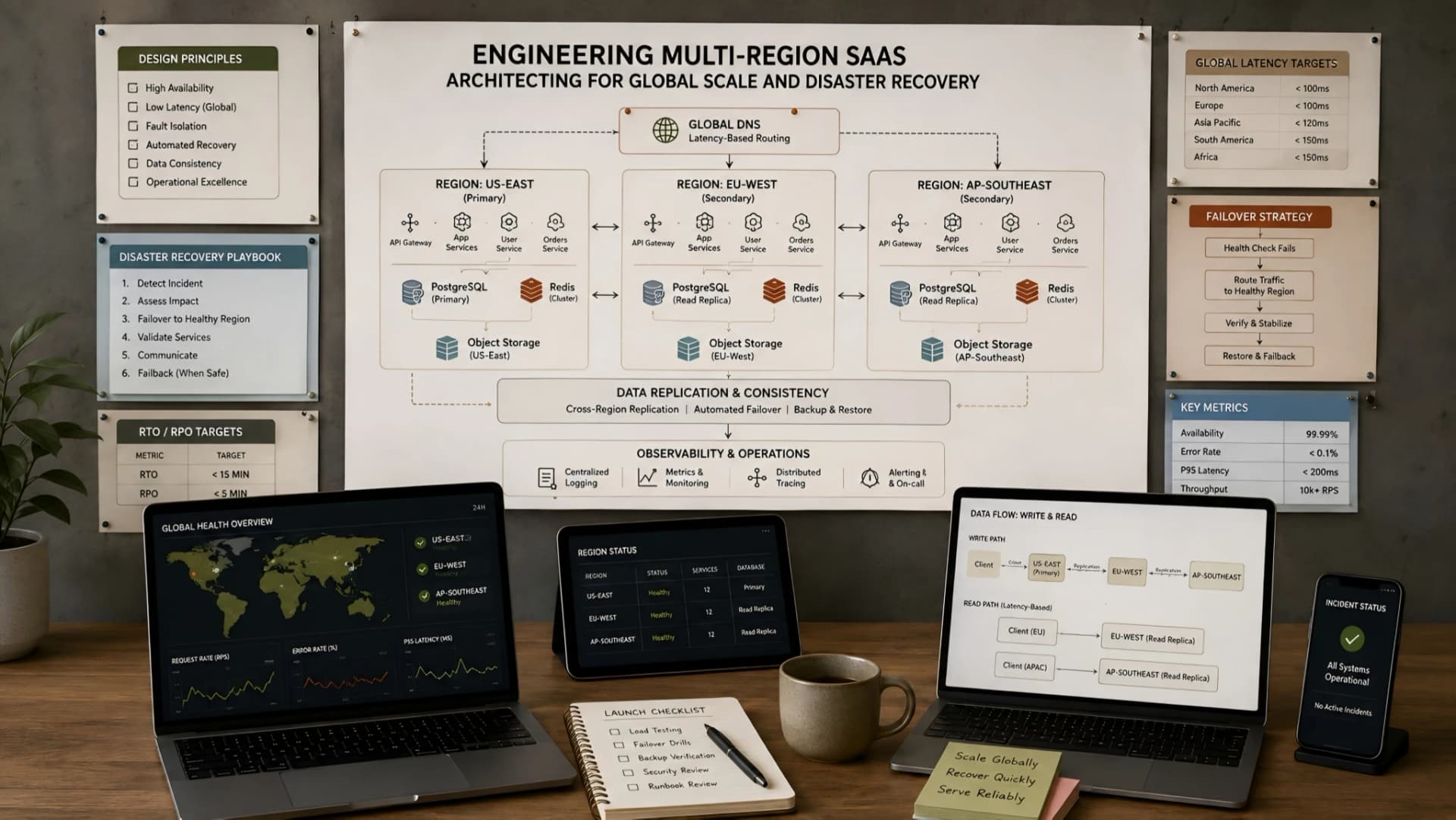 Muhyo Tech — editorial blog cover illustrating Multi-Region SaaS: Architecting for Global Scale & Disaster Recovery