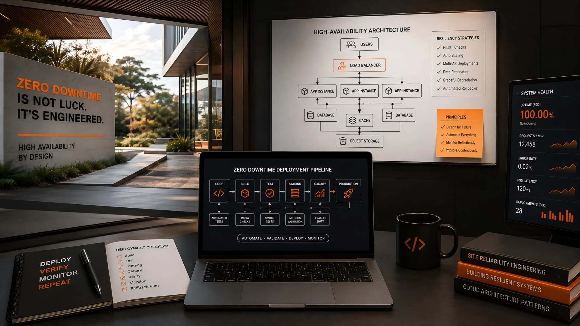 Muhyo Tech — editorial blog cover illustrating Zero Downtime Deployments: High-Availability SaaS Strategies