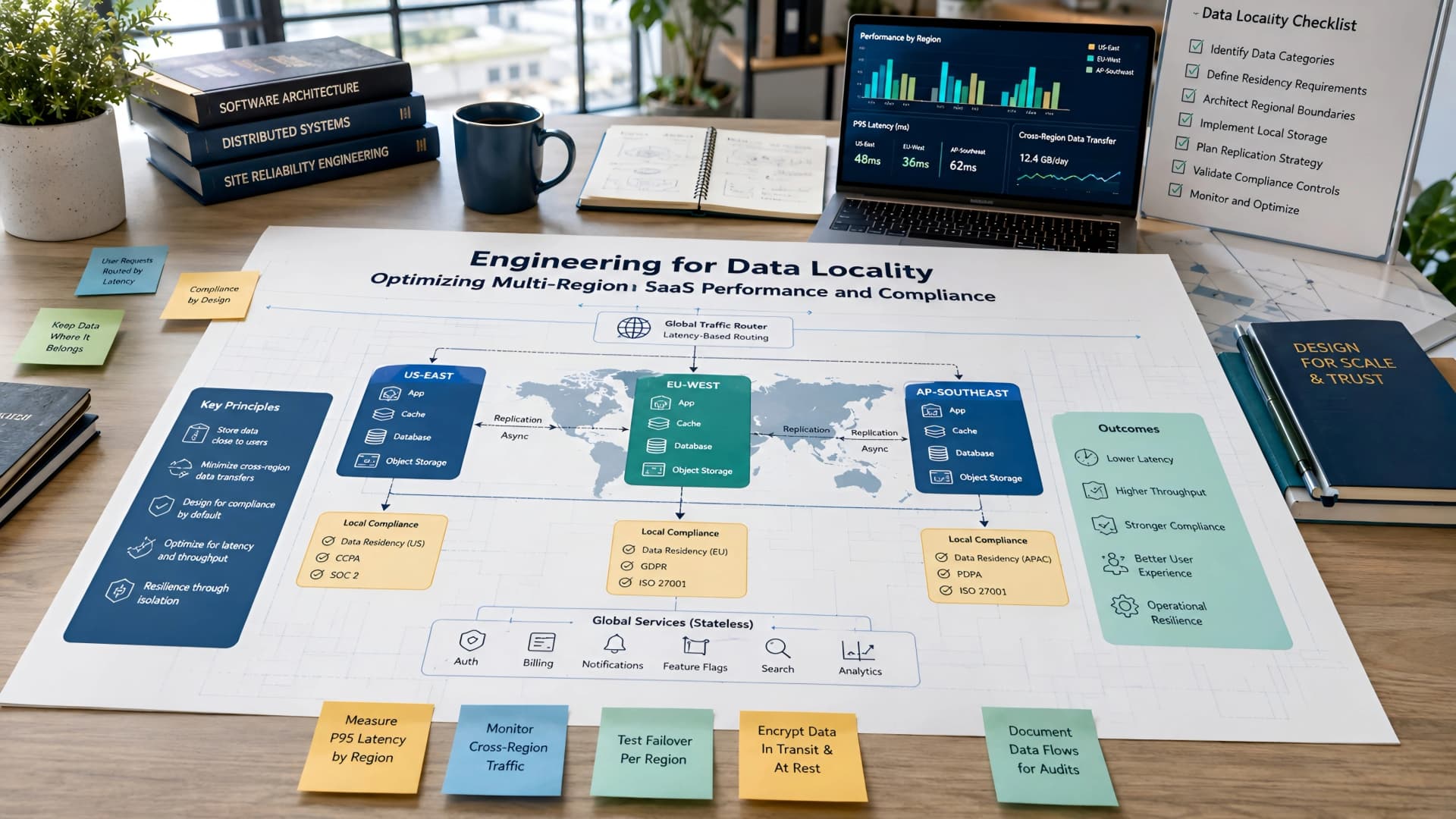 Muhyo Tech — editorial blog cover illustrating Multi-Region SaaS Data: Optimize Locality for Performance & Compliance