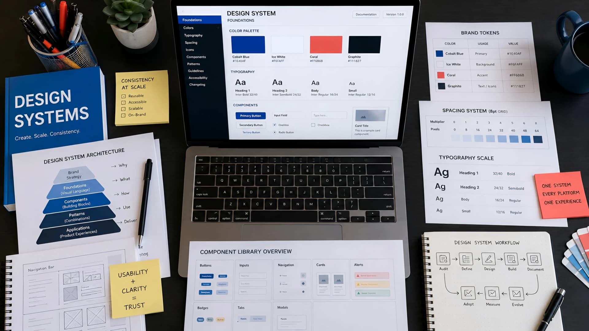 Muhyo Tech — editorial blog cover illustrating Design Systems: Scaling UI/UX for Consistent Brand Experience