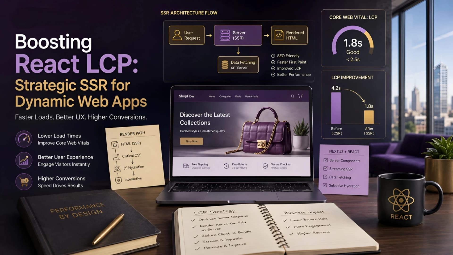 Muhyo Tech — editorial blog cover illustrating Boosting React LCP: Strategic SSR for Dynamic Web Apps