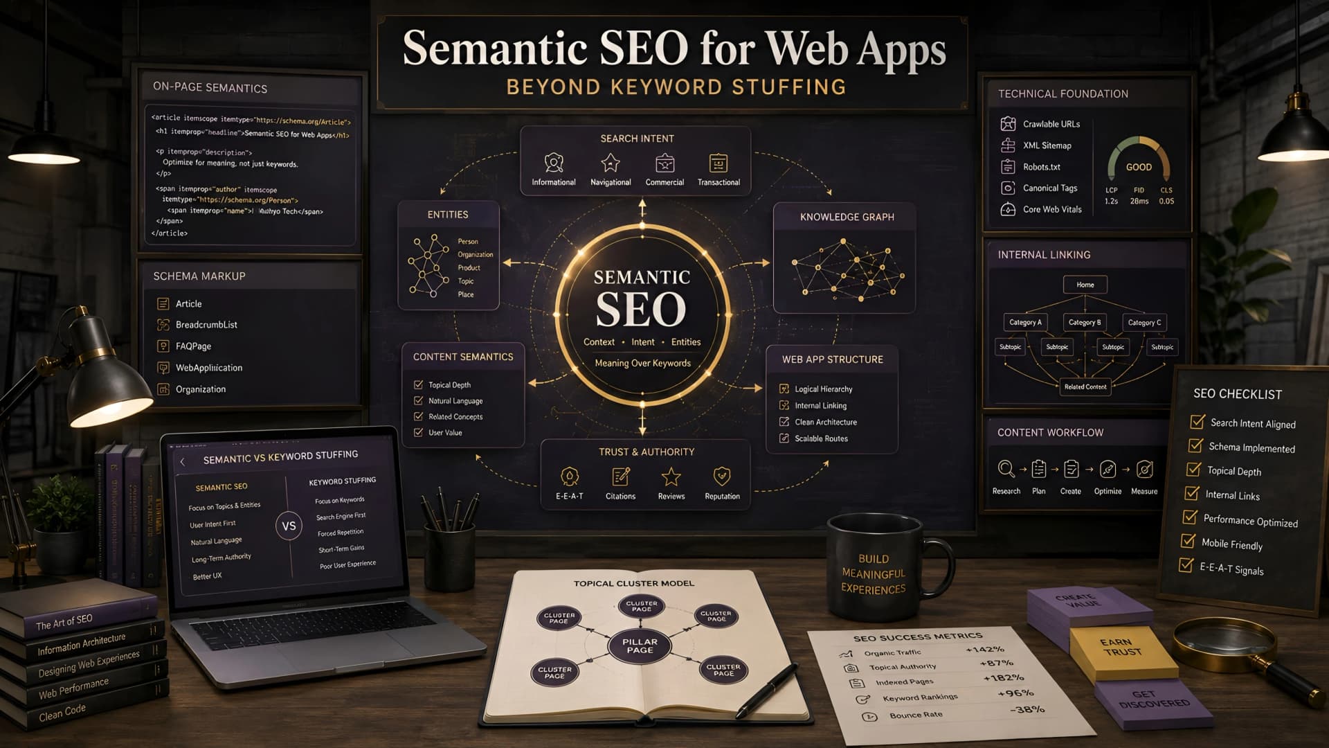 Muhyo Tech — editorial blog cover illustrating Semantic SEO for Web Apps: Beyond Keyword Stuffing