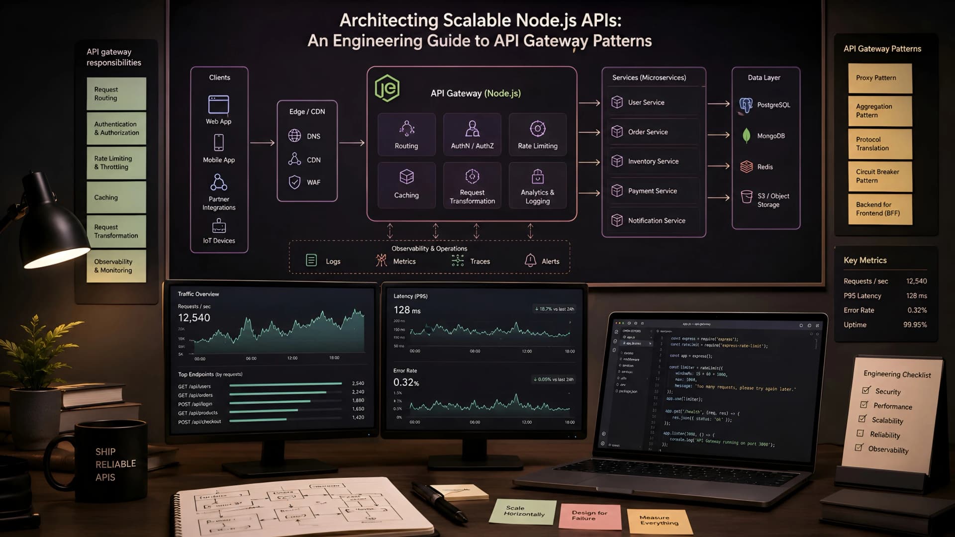 Muhyo Tech — editorial blog cover illustrating Architecting Scalable Node.js APIs: An Engineering Guide to API Gateway Patterns