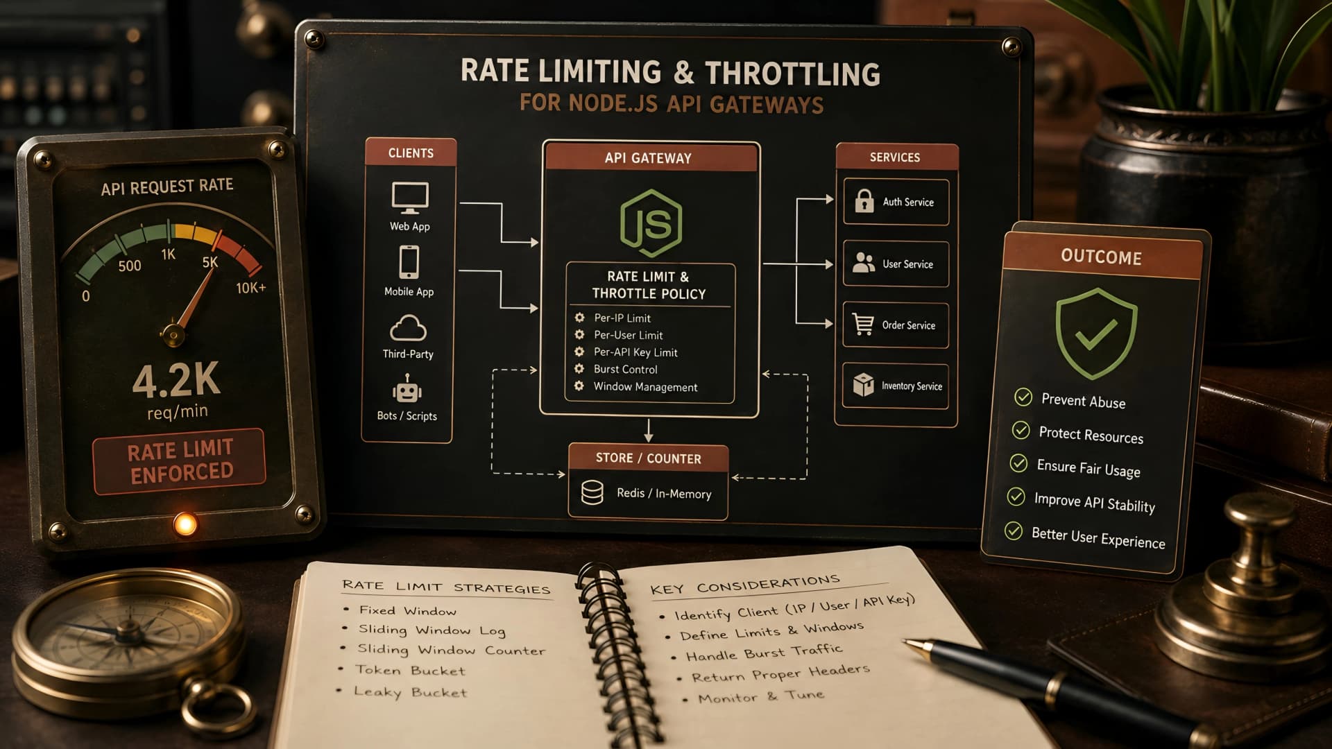 Muhyo Tech — editorial blog cover illustrating Implementing Rate Limiting and Throttling for Node.js API Gateways
